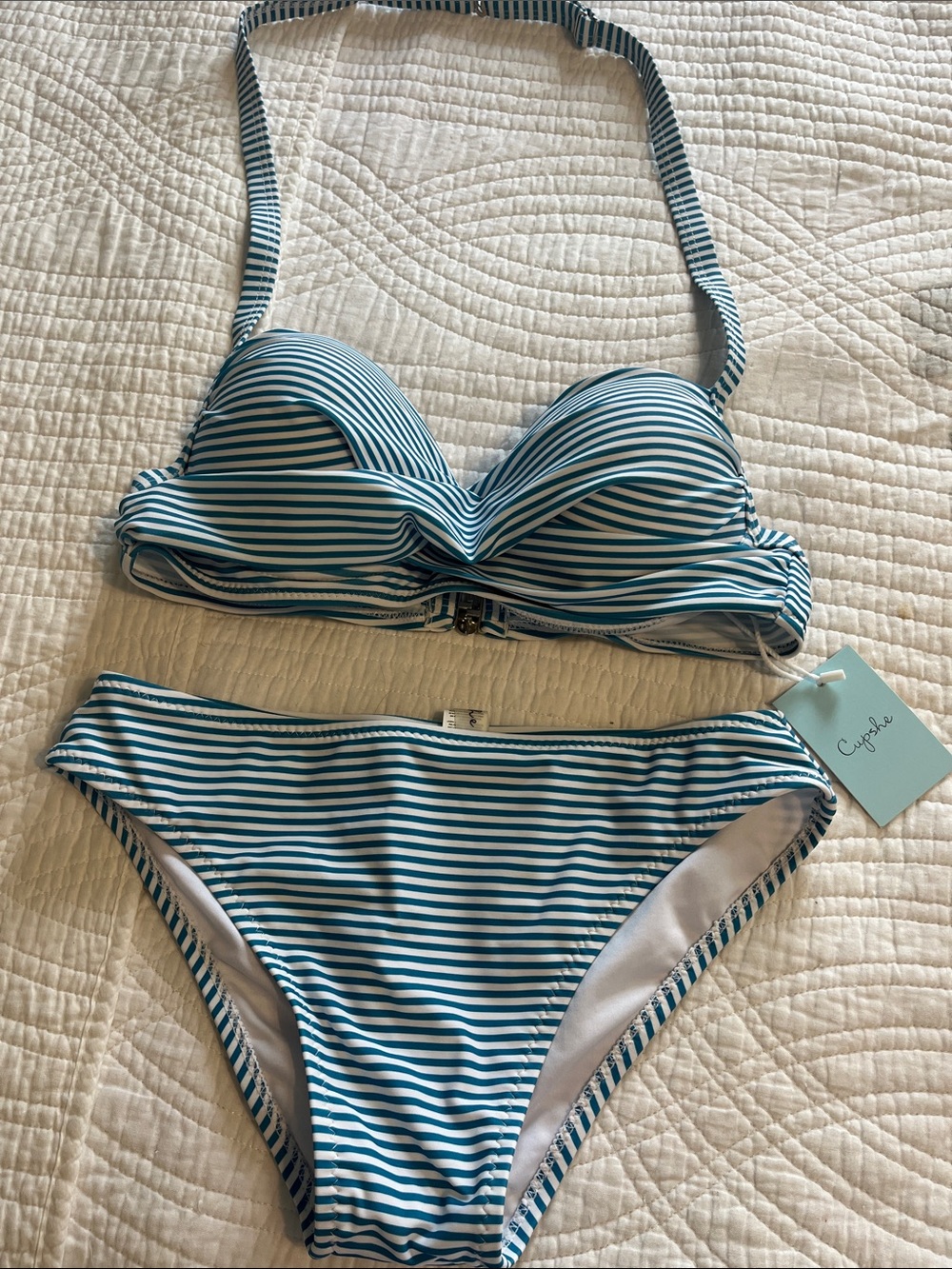 Cupshe Halter Striped Blue & White Bikini Set